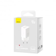 СЗУ с 2 выходами Type-C QC3.0 (mini) 40W GaN5 Pro (Baseus)(CCGP180102) White